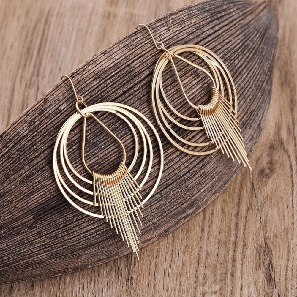 Luxe Gold Tone Circular Drop Earrings - Picture 2 of 4